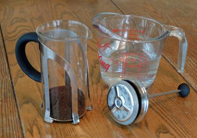A small French Press, 20 grams of coffee and 12 fluid ounces of water.