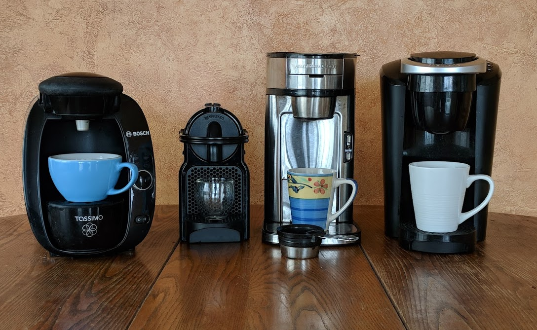 Four brands of single serve coffee maker