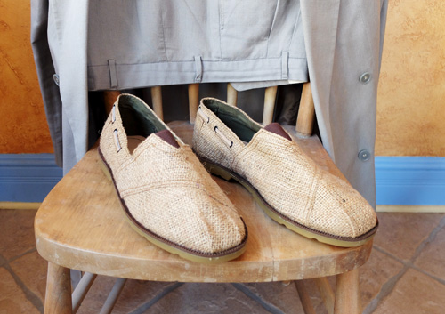 Shoes made from old burlap coffee sacks.