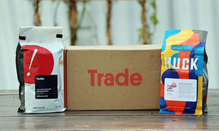 A box from the Trade Coffee subscription service and coffee club