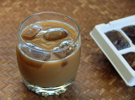 Frozen coffee cubes for use in iced coffee drinks.