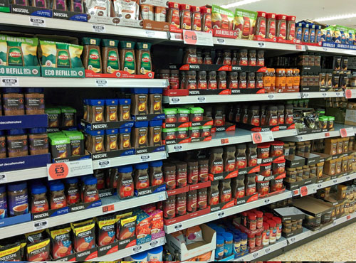 Shelves full of instant coffee