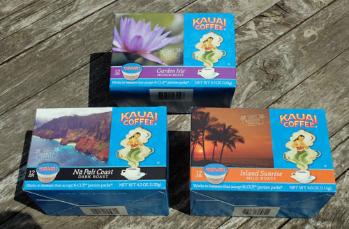 Three boces of K-Cups from Kauai Coffee.