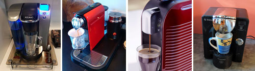 Four different single serve coffee makers.