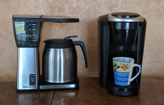 Choice of coffee machines - traditional drip coffee maker or single-serve brewer