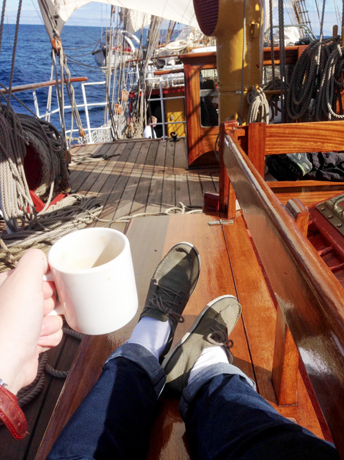 Coffee at sea on a wooden boat.