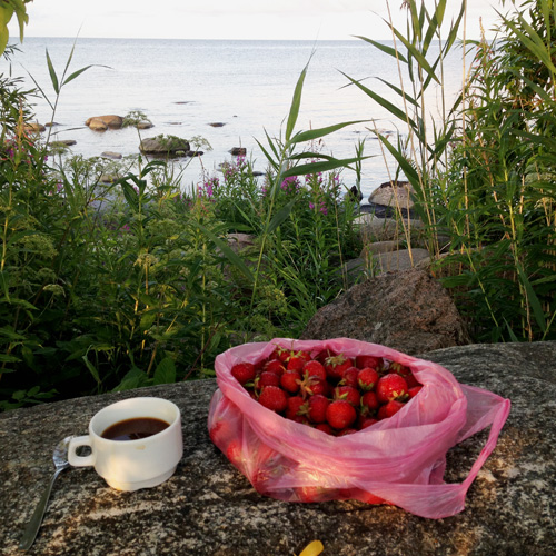 Coffee and strawberries.