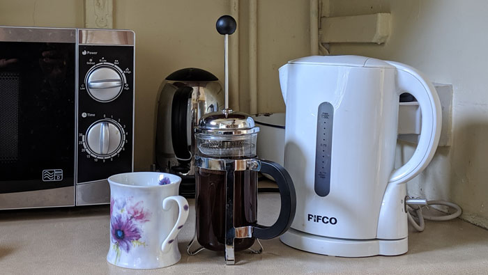 French press and kettle for a dorm room