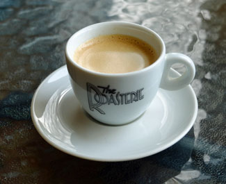 A single shot of espresso, with a nice crema on top.