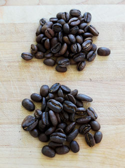 Roasted beans of Auromar Panama Geisha coffee and Esmeralda Geisha Special.