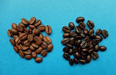 The dark roasted coffee beans are the ones on the right.
