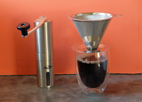 Javapresse coffee dripper and hand coffee grinder.