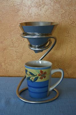 Stainless steel filter cone coffee maker and sculpture.