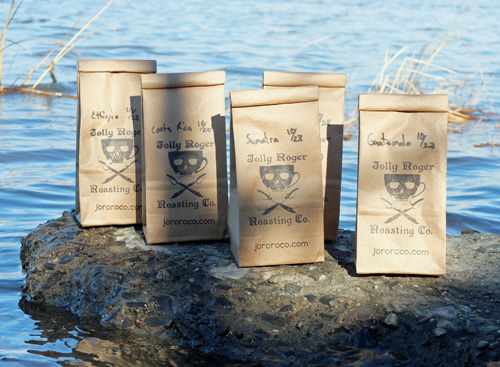 Coffee bags from the Jolly Roger Roasting Company.