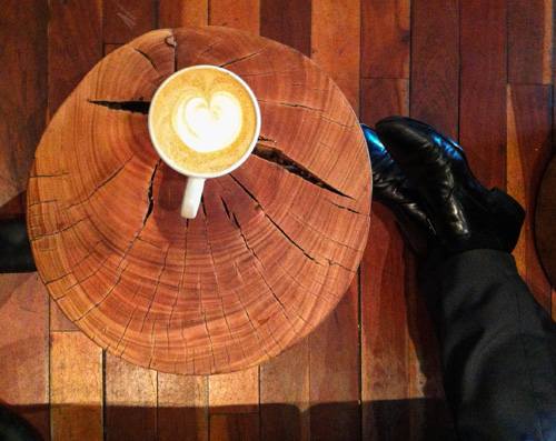 Latte art on wood.