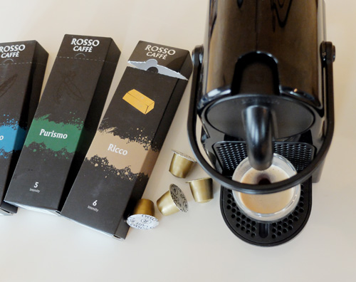 Nespresso Inissia with Rosso Caffe espresso capsules.