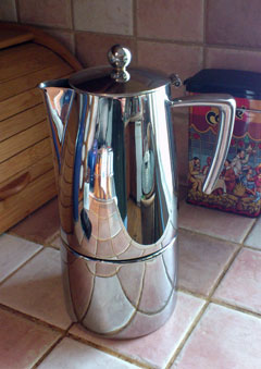 Stainless steel stovetop espresso machine.