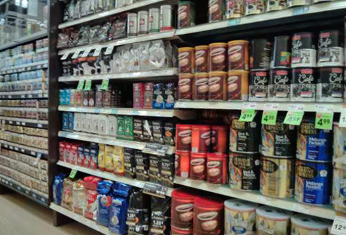 Coffee on supermarket shelves.